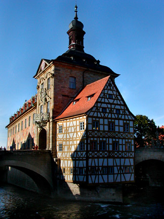 town hall on river