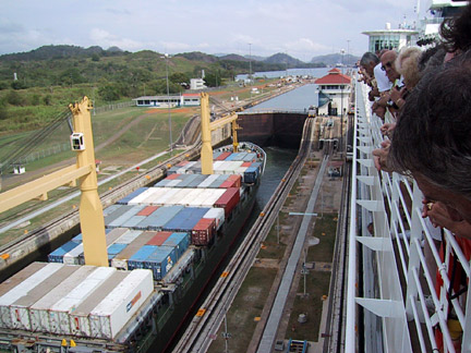 cargo ship in lock forward