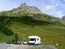 la cime de la sambuis * This stately mountain is just east of the Col du Glandon, France.  The woman near the motorhome was about to hike up to a lake behind the mountain. * 432 x 323 * (55KB)