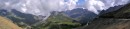 view west col du galibier panorama * The view looking west from the Col du Galibier.  It was late morning and the clouds were still lifting from the morning's rain. * 720 x 162 * (54KB)