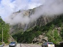 waterfall * A waterfall cascading down the side of the mountain along the Combe de Malaval in the early morning.  This was on the ride from Mizoen to the col du Galibier, France. * 432 x 323 * (52KB)