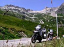 riding up to col de la madeleijne * The bikes parked just before the summit of Col de la Madeleine.  The mountains in the background are the Chaine de la Lauziere.  The pass is at 1993 meters (6539 feet). * 432 x 323 * (56KB)