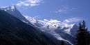 mont blanc from trail * As we walked from our hotel on the outskirts of town into Chamonix, we got this great view of Mont Blanc and the glacier. * 720 x 371 * (51KB)